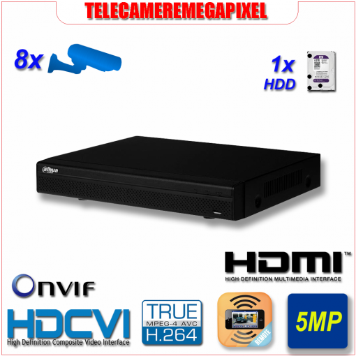 HCVR5108HE-S3 - Videoregistratore DVR - HDCVI - 8 canali - H264 - Telecamere fino a 5MP