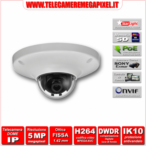 IP-EB5500 - Telecamera Dome IP - 5 Megapixel - H264 - Ottica 1,42mm - Starlight