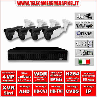 Kit Videosorveglianza WN-KITXVR5IN14BUV-4MP - XVR 5in1 - 4 Telecamere 4 MP - ottica varifocale 2,8/12mm
